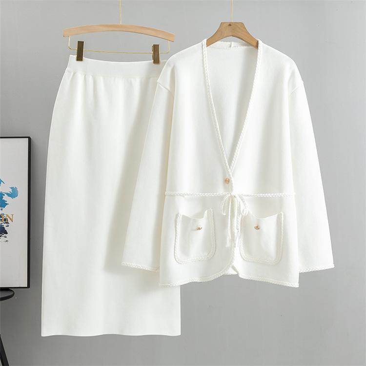 Women's Knitwear Two-piece Set Autumn Winter Knitted Cardigan Hip Skirt Set  V-neck Cardigan Pencil Skirt Two-piece Outfits