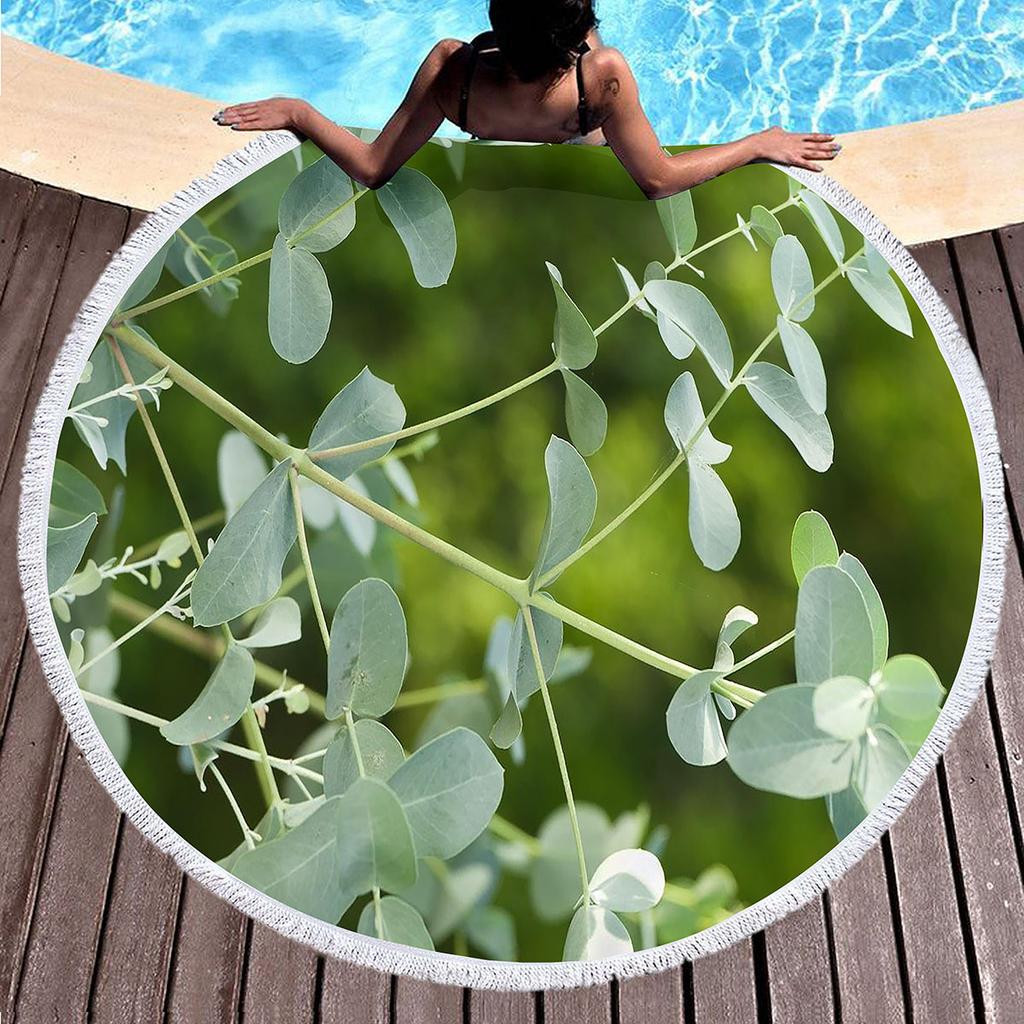 Summer Leaves Round Beach Towel Eucalyptus Leaf Garland Microfiber Beach Blanket Soft Absorbent Quick Dry Bath Towel Picnic Mat