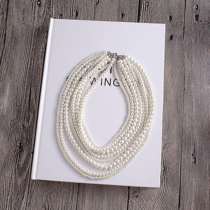 Fashion Exaggerated Eight-layer Imitation Pearl Necklace French Multi-layer Stacked Collarbone Chain Retro Versatile Round Bead Chain Jewelry Women