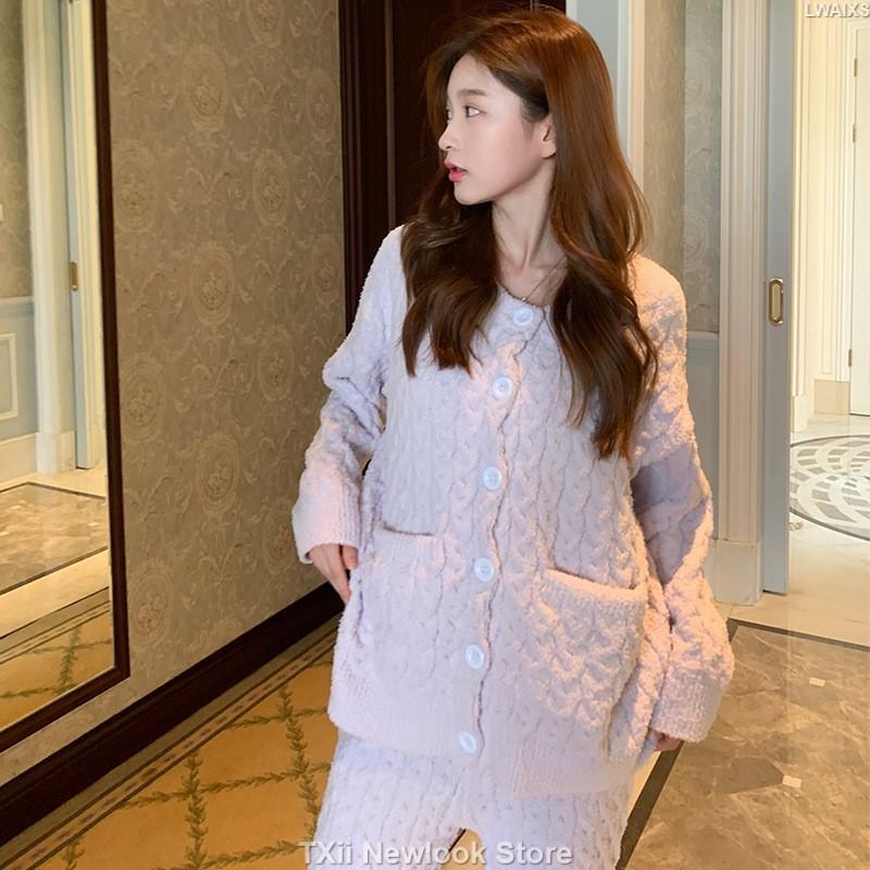 New Sweet Cute Soft Pajamas Women's Autumn and Winter Thickened Wool Knitted Macaron Solid Color Twisted Rope Home Clothes