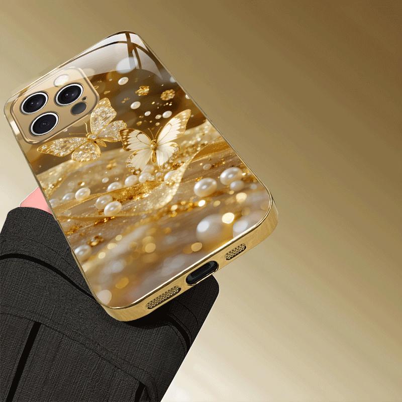 Luxury Golden Rhinestone‑Butterfly Pearl Electroplated Phone Case for iPhone 17 16 15 14 13 12 11 Pro Max XS XR 7 8 Plus 16E