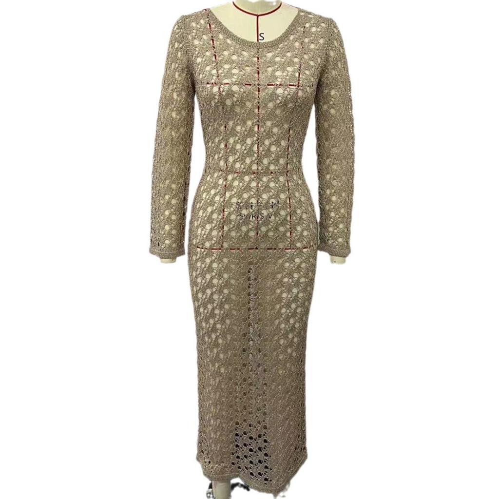 2024 Women's European & American Knitted Beach Dress: Hollow Out, Solid Color, Sexy Backless, Tie-Up, Long Sleeve Maxi Dress & Bikini Cover-Up