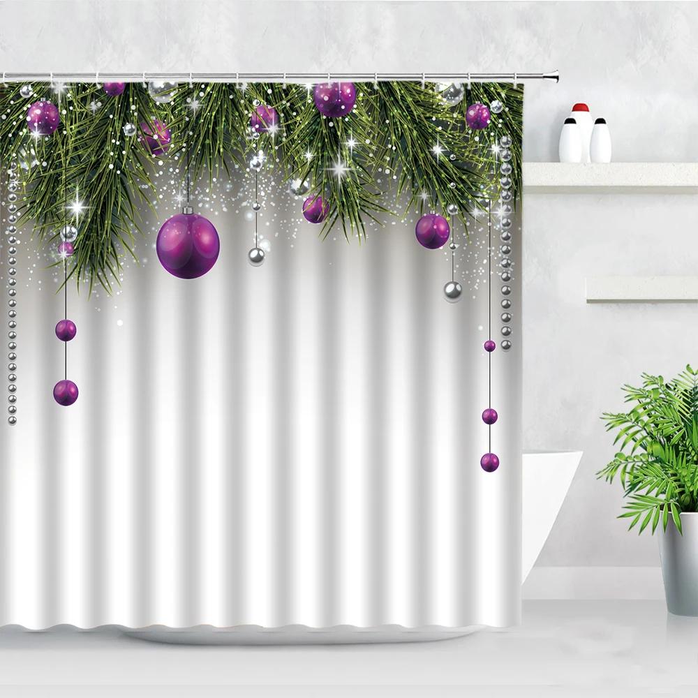 Winter Christmas Shower Curtains Xmas Ball Gift Cedar Natural Landscape New Year Home Decor Bathroom Fabric Bath Curtain Hooks