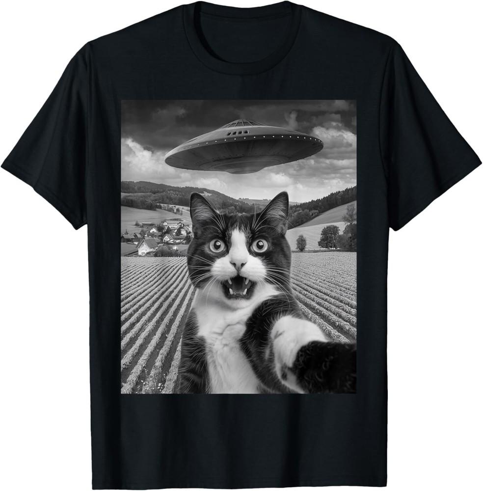 

Кошачье селфи с инопланетным НЛО, смешные кошачьи подарки для мужчин, женщин, детей, унисекс футболка 2XL
