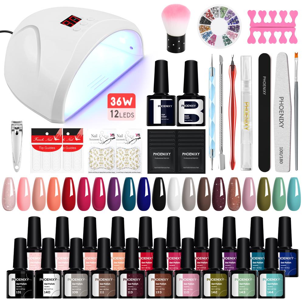 PHOENIXY 20pcs Gel Nail Polish Kit with UV Nail Lamp Top Base Coat Semi Permanent Varnish Manicure Set