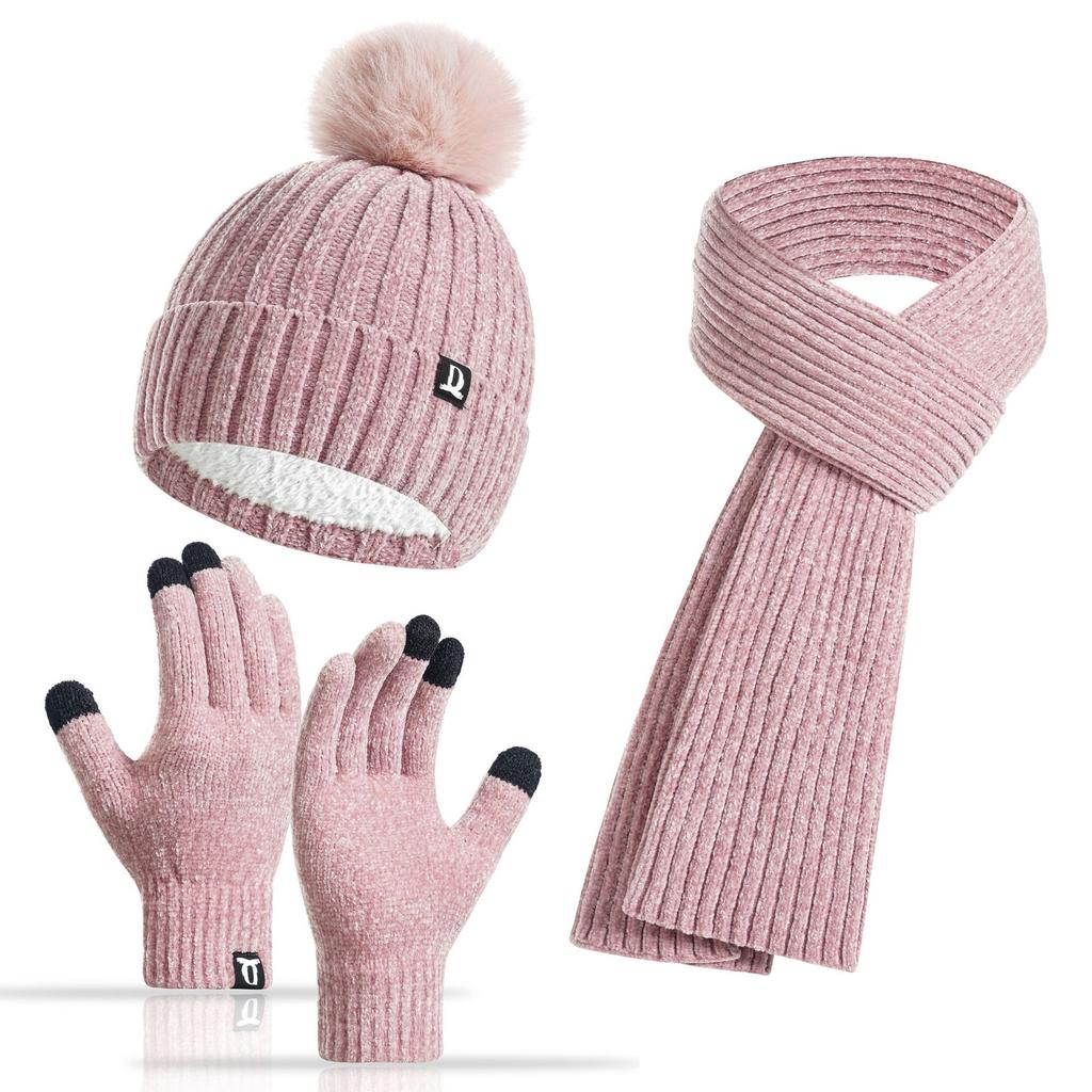 Women's Winter Knit Hat Scarf Gloves 3-Piece Set Thick Warm Knitted Beanie Set Soft Cozy Multiple Colors