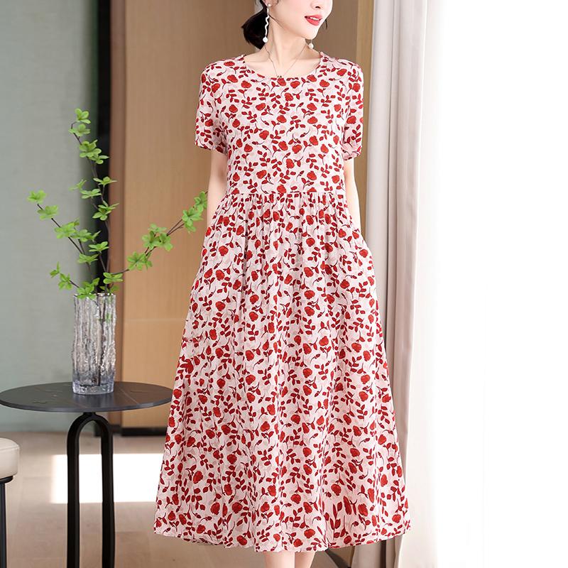 Elegant Long Dresses Women Summer Casual Short Sleeve Vintage Dress Korean Style O-Neck Female Clothing