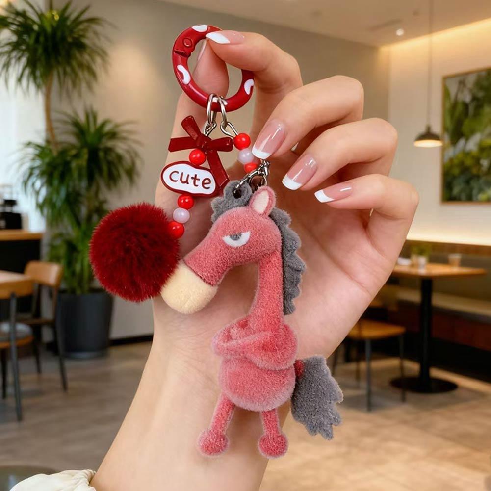 

2026 Year of the Horse Keychain Cute Flocked Black Horse Bag Charm Lucky Zodiac Mascot Figurine Animal Keyring for Backpacks червоний