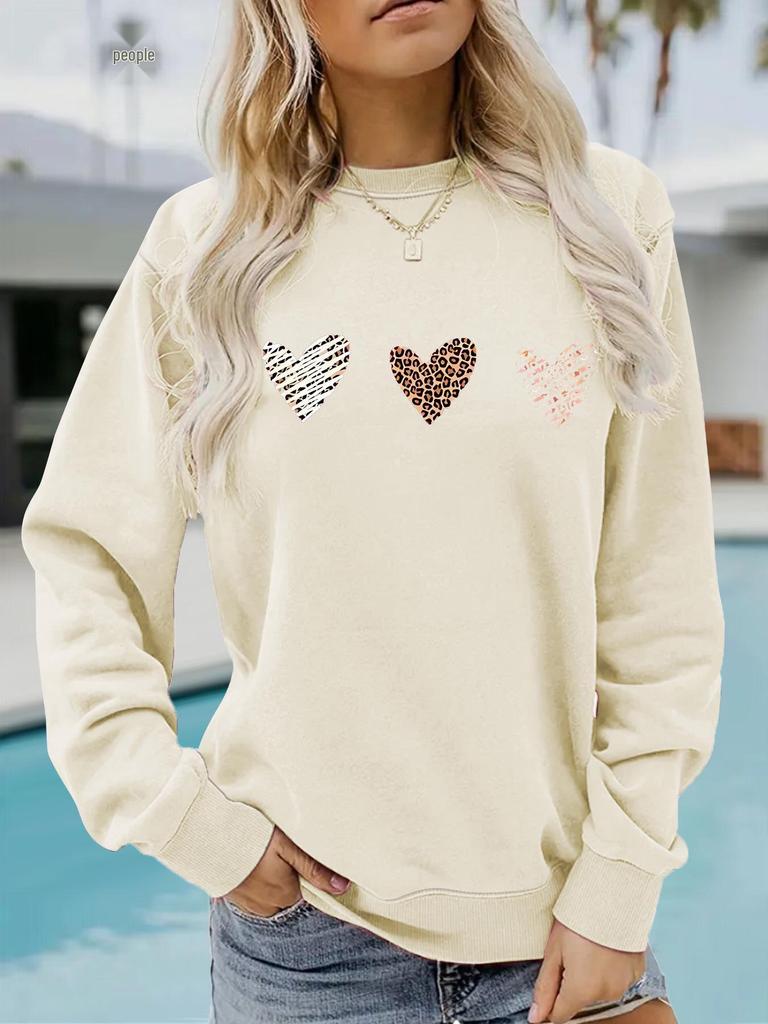 Women's Casual Heart Print Pullover Sweatshirt - Long Sleeve, Round Neck