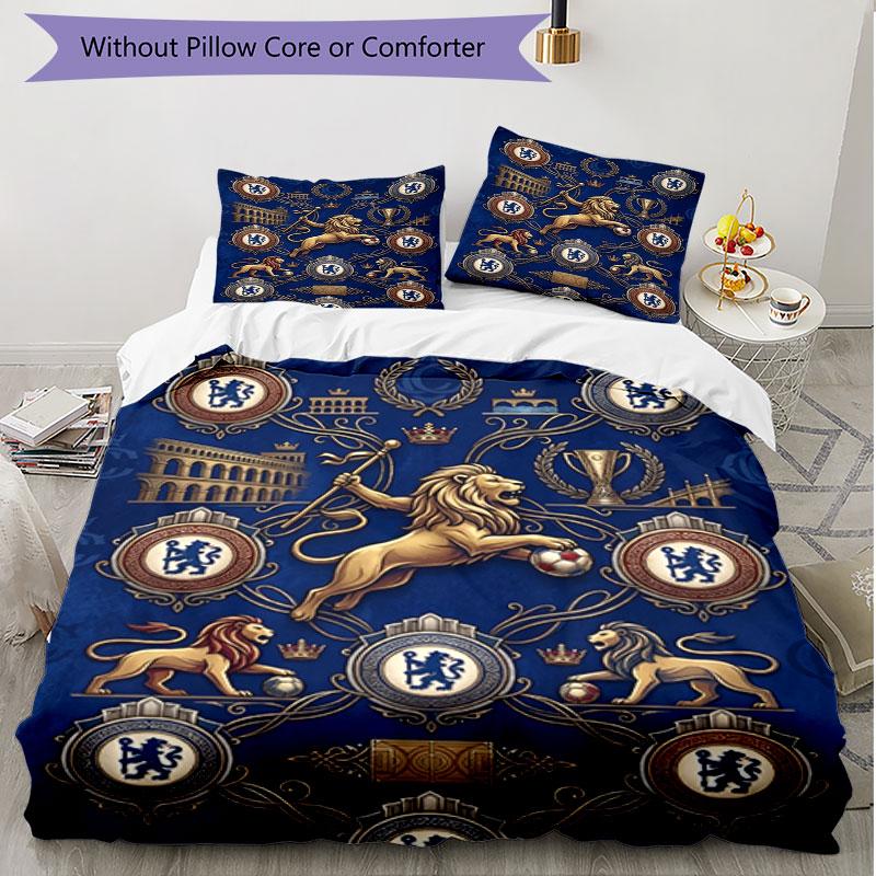 3-teiliges Bettbezug-Set (1 * Bettbezug + 2 * Kissenbezug, ohne Kern), Chelsea Football Club Druck Weiches Ganzjahres-Bettwäscheset, Heimschlafzimmer-Dekoration Geschenk