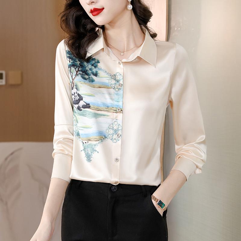 Genuine Mulberry Silk Print Shirt - Women's Slimming Long Sleeve Autumn Fashion 2025