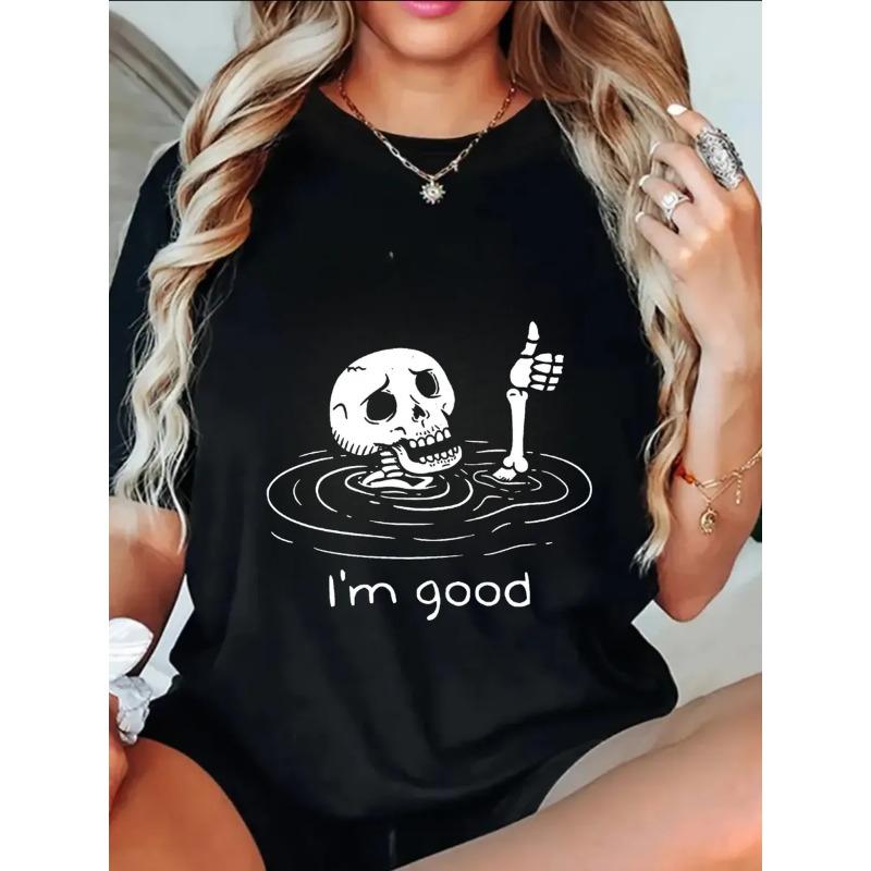Übergroßes Damen-Kurzarm-T-Shirt mit Totenkopf im Wasser, Daumen hoch Knochenhand-Aufdruck und Text "I'm good"