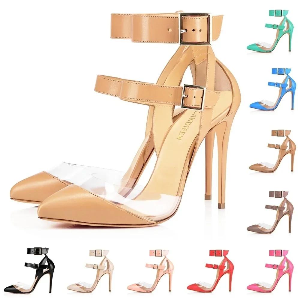 Women Sandals Stilettos Summer Sexy Transparent PVC Fashion Pointed Toes High Heels Ankle Strap Sandal Party Wedding Shoes
