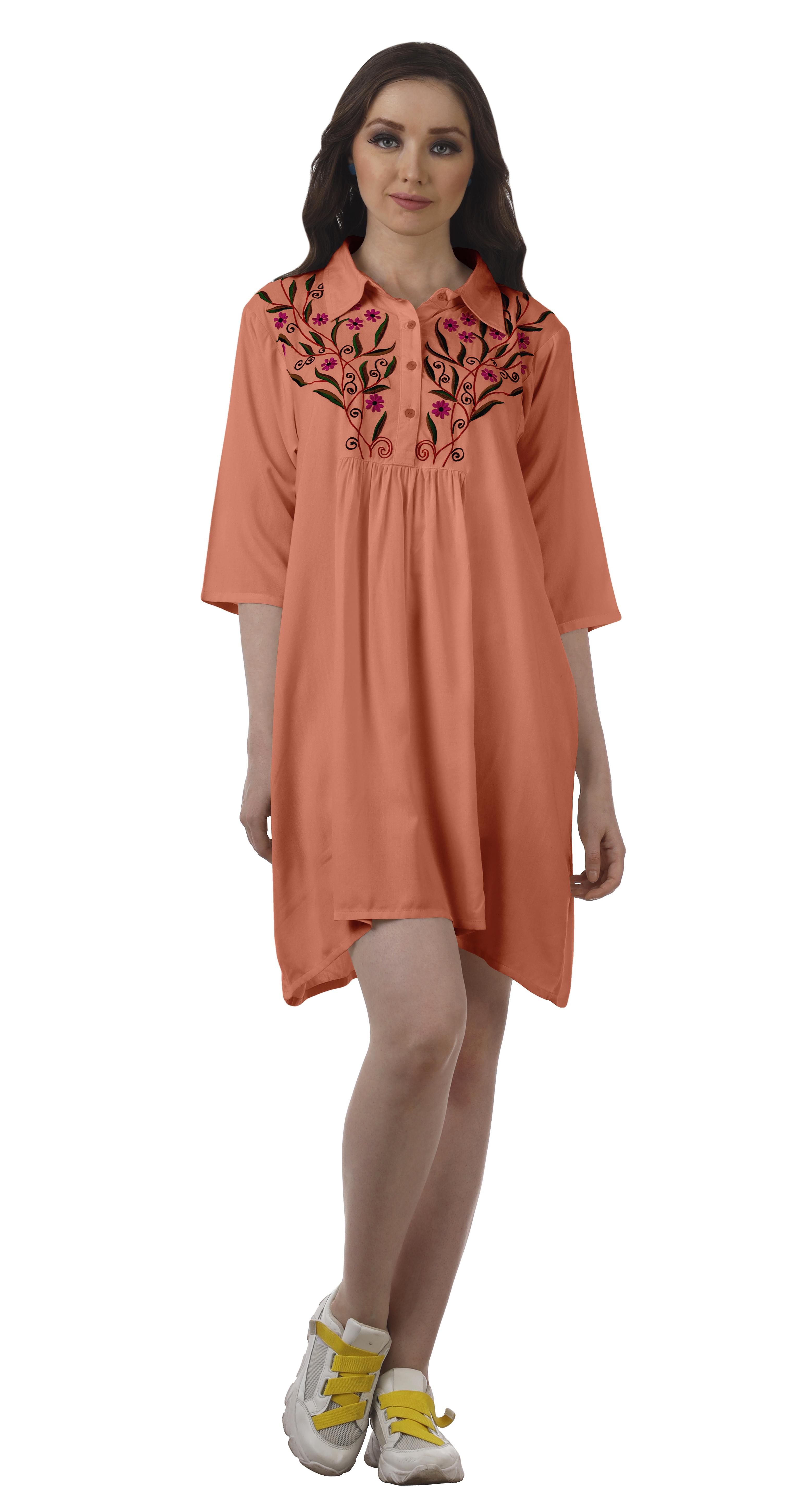 

Moomaya Short Collar Rayon Dress Embroidered Tunic Mini Dress Women Swing XS глибоко персикового кольору