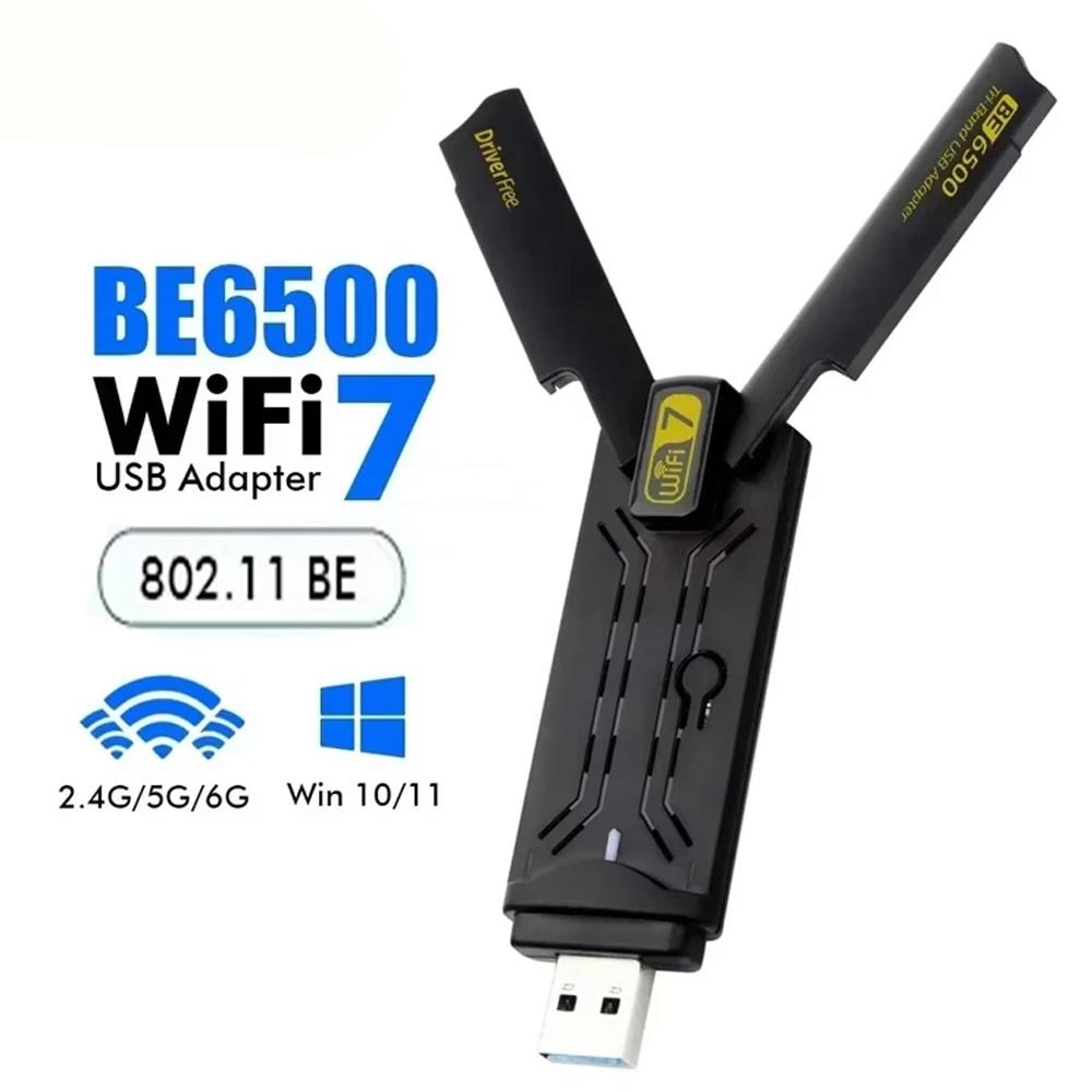 BE6500 WiFi7 USB3.0 Wireless Dongle 6500Mbps Tri Band 2.4G 5G 6GHz 802.11BE High Speed Network Adapter for Windows 10 11 Desktop Laptop PC