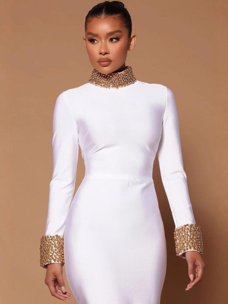 Luxury Beaded Round Neck Backless Bandage Dress - Slim Fit Bodycon Long Dress for Women