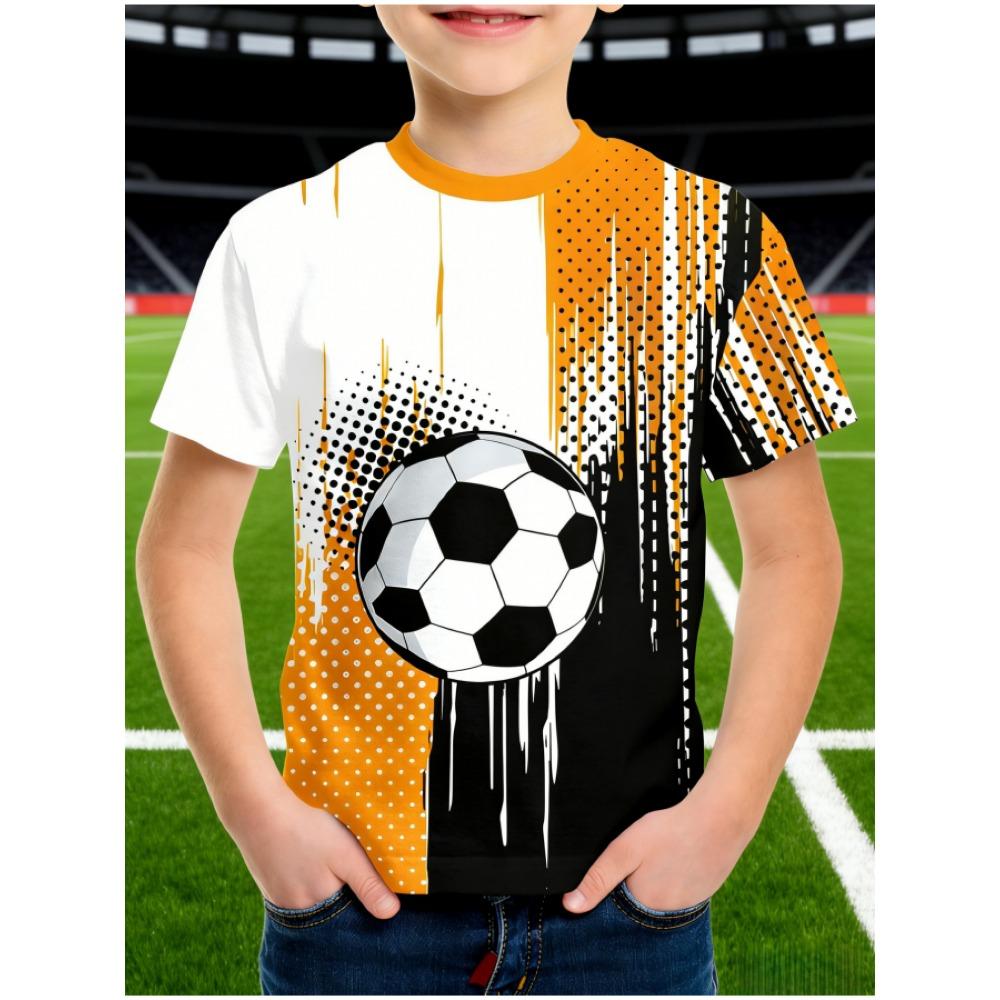

Boys football ball printed T-shirt - & orange accents, breathable round neck short-sleeved summer top 100