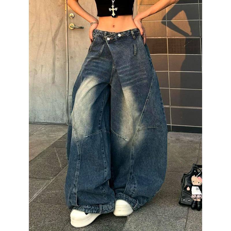 Hohe Taille Vintage Große Größen Amerikanische Weite Beine Jeans Damen Locker Fauler Stil Schräger Bund Hosen