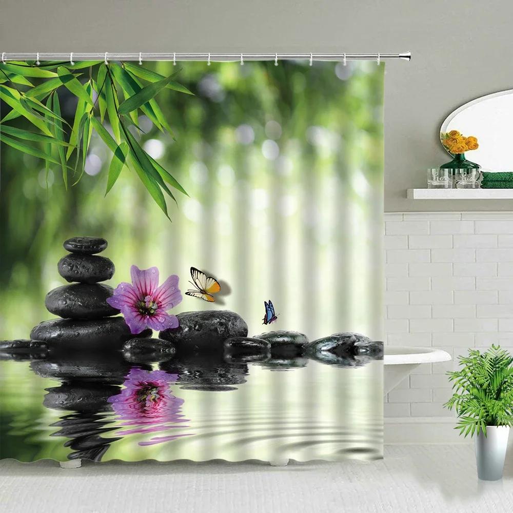 Chinese Style Ink Painting Bamboo Landscape Shower Curtain Flower Bird Scenery Bathroom Waterproof Cloth Bath Curtains With Ho
