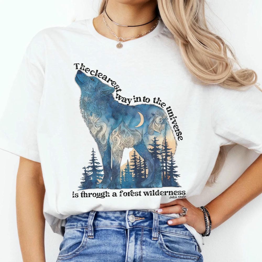 Vintage The Clearest Way Into The Universe Wolf John Muir Quote Print Tshirt Dark Acedemia Comfort Y2K Unisex Shirt Streetwear