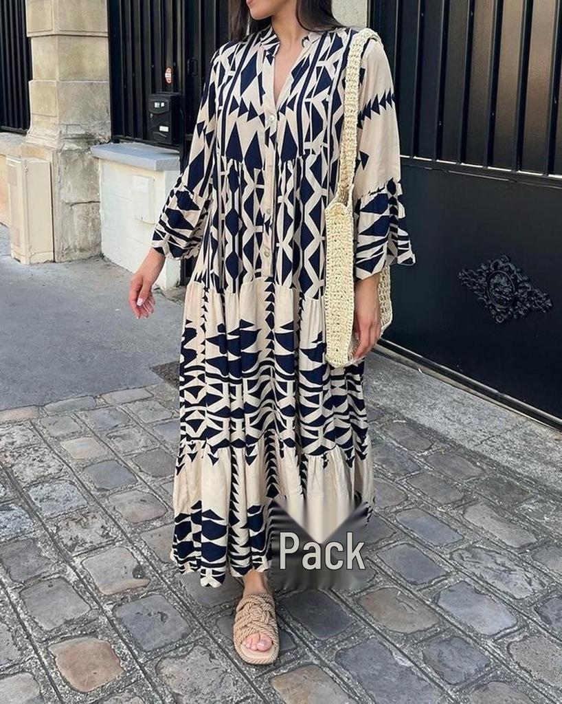 2026 Elegant European Plus Size Women's Printed Bohemian Shirt Dress