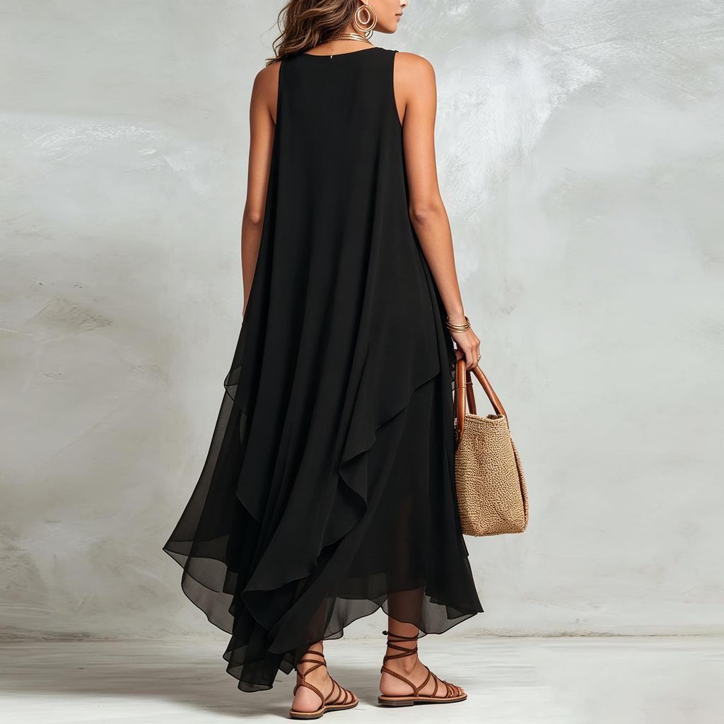 Mouwloze Chiffon Maxijurk voor Dames Asymmetrische Zoom Vloeiend Gelaagd Ontwerp Losse Pasvorm Elegante Zomerkleding