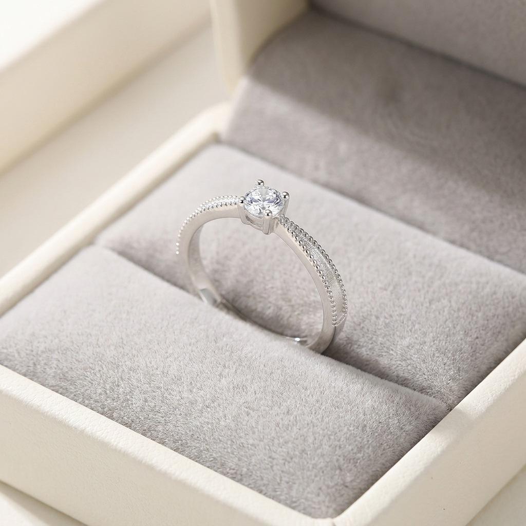 Minimalist Open Adjustable S925 Sterling Silver Ring with Rice Bead Bezel and Single Diamond - Elegant Proposal Style for Women