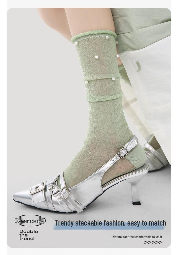 Renaissance Pearl Mid-Calf Women's Socks: Original Thin, Solid Color, Puffy Ins Style.