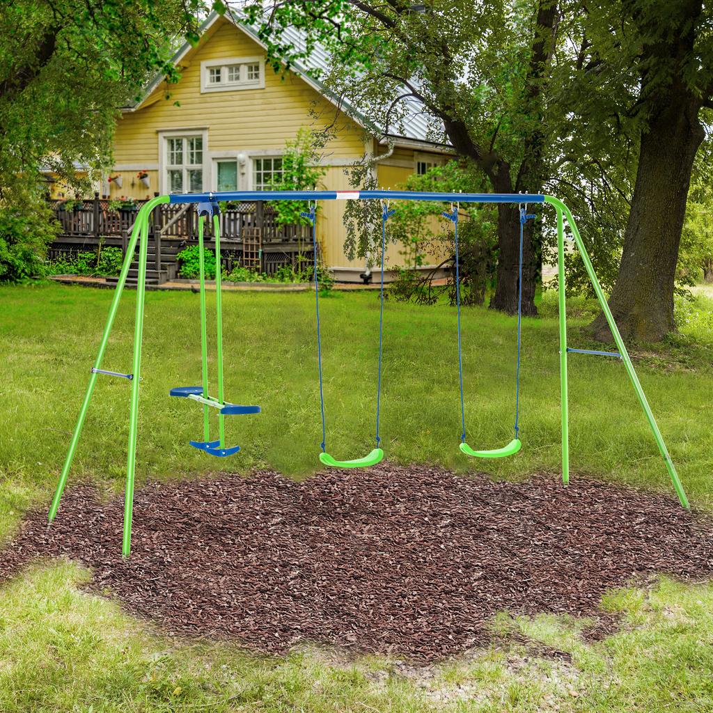 Metal Swing Set, with Seesaw, Adjustable Height, for Ages 3+ Years, Green