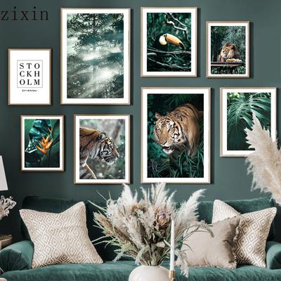 Dschungel Wild Tiger Löwe Tropischer Vogel Blatt Wand Kunst Leinwand Malerei Nordic Poster Und Drucke Wand Für Wohnzimmer DecorBilder