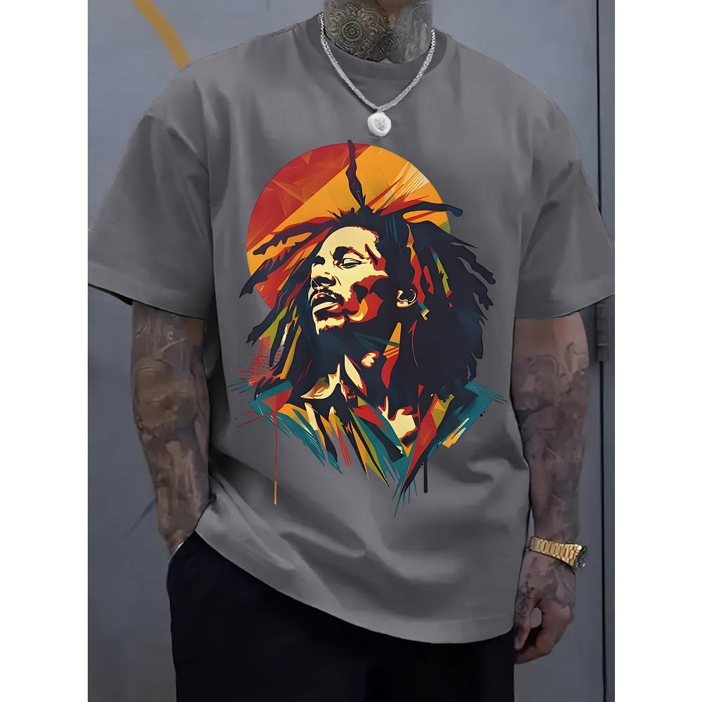 Men Summer  Cotton Reggae Style Patterned T-shirt with Bright and Dirty Braids and Character Prints Top