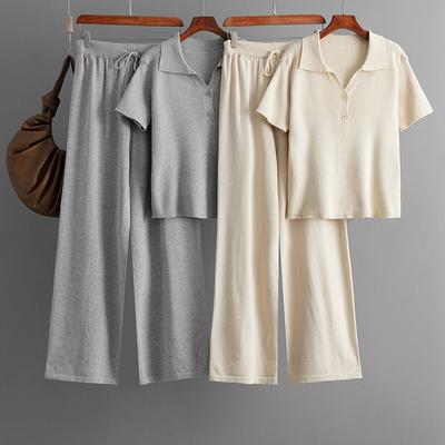 Olo Collar Ice Silk Knitted Fashion Suit Women's Summer New Temperament Button-shirt + Casual Pants Two-piece Set