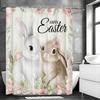 Easter Shower Curtain with Bunny Flowers, Pink Floral Spring Shower Curtain with Hooks, Waterproof Fabric Bathroom Curtains for