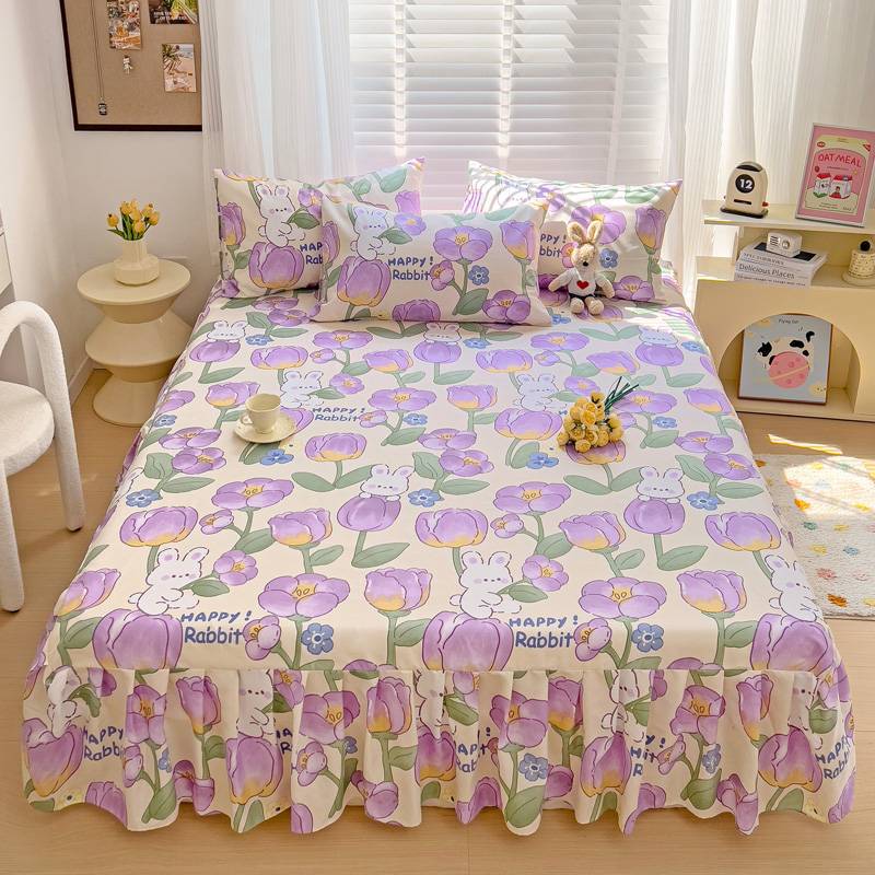 All Season Universal Ruffle Edge Single Bed Cover Printed Cotton Bed Skirt Three Piece Set Soft Comfortable Bedding Bedspread