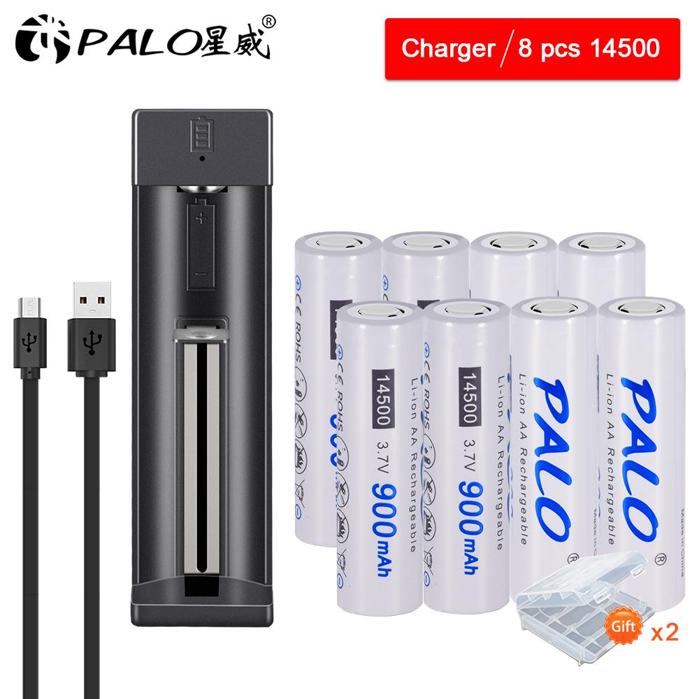 PALO 3.7V 14500 AA Li-ion Rechargeable Batteries 900mAh for LED Flashlight+charger for 14500 18650 16350 18500 Etc Battery