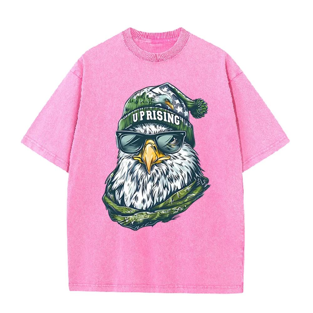 2026 Cool Eagle Uprising Graphic Print Unisex T Shirt Vintage Washed Short Sleeve Crew Neck American Streetwear Casual Tee