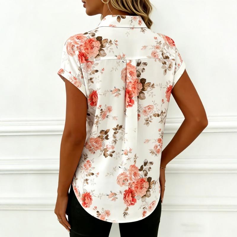 Camicetta da donna a maniche corte con bottoni e stampa floreale, casual, con scollo a V e colletto, con motivo a rose