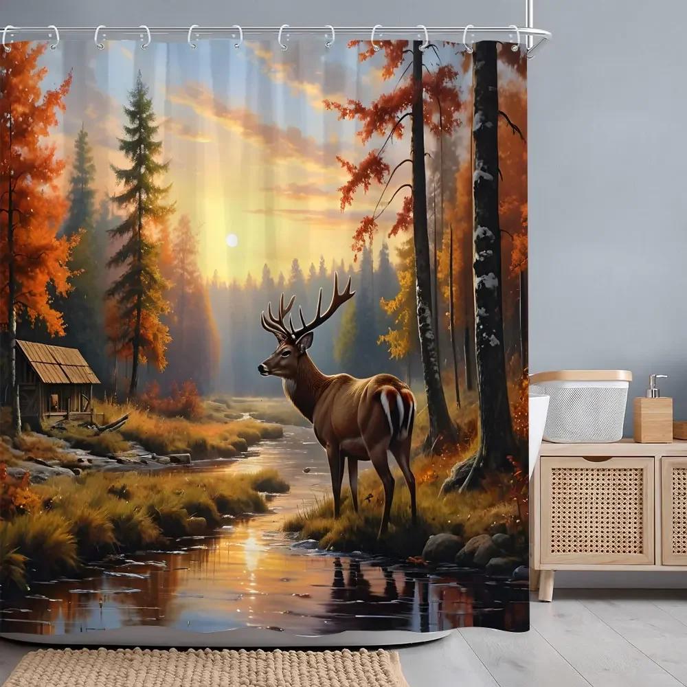 Herbstwald Hirsch Duschvorhang Fluss Sonnenuntergang Rustikale Scheune Thanksgiving Polyesterstoff Badvorhänge Badezimmerdeko mit Haken