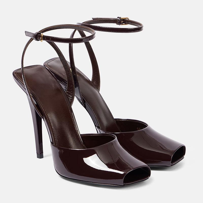 Letnie Damskie Buty na Wysokim Obcasie Peep Toe Seksowne Damskie Zapinane na Kostce Lakierowana Skóra 10,5CM Cienkie Obcasy Czółenka Damskie Sandały na Imprezę