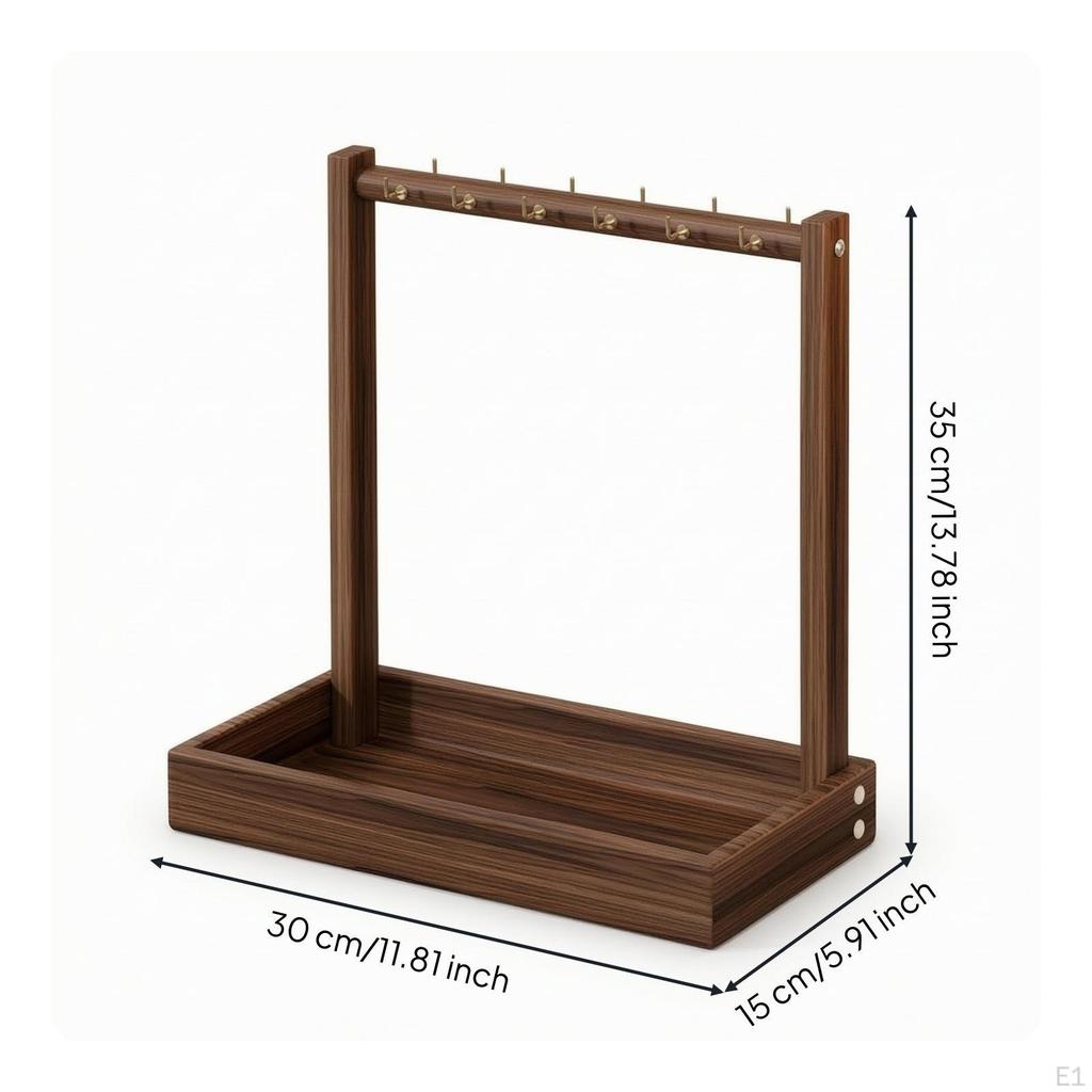 Necklace Holder with Tray Tabletop Hooks WoodGrain Jewelry Rack for
