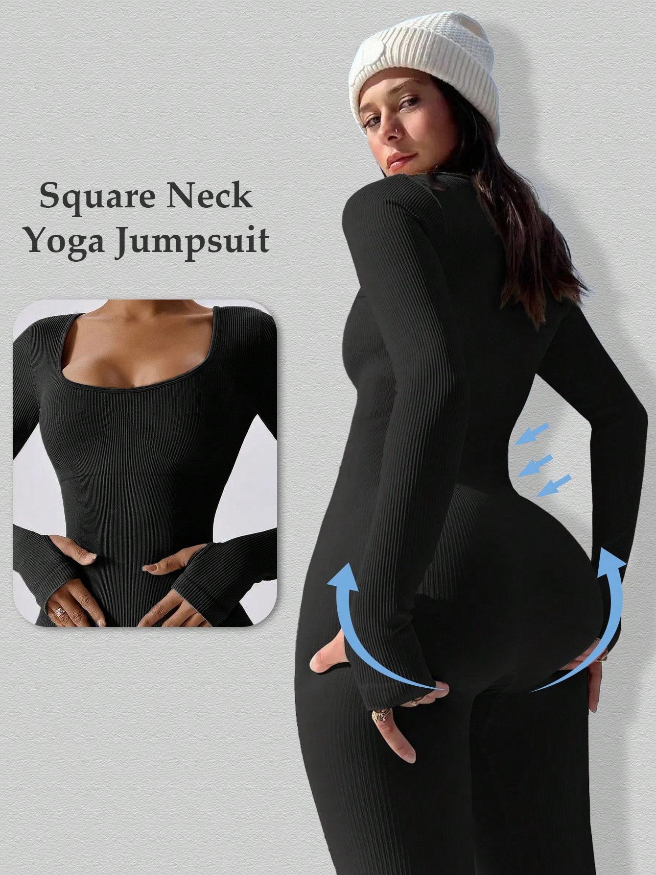 

Черный Вязаный Комбинезон с Квадратным Вырезом, Облегающий, Повседневный, Спортивный, для Йоги L чёрный