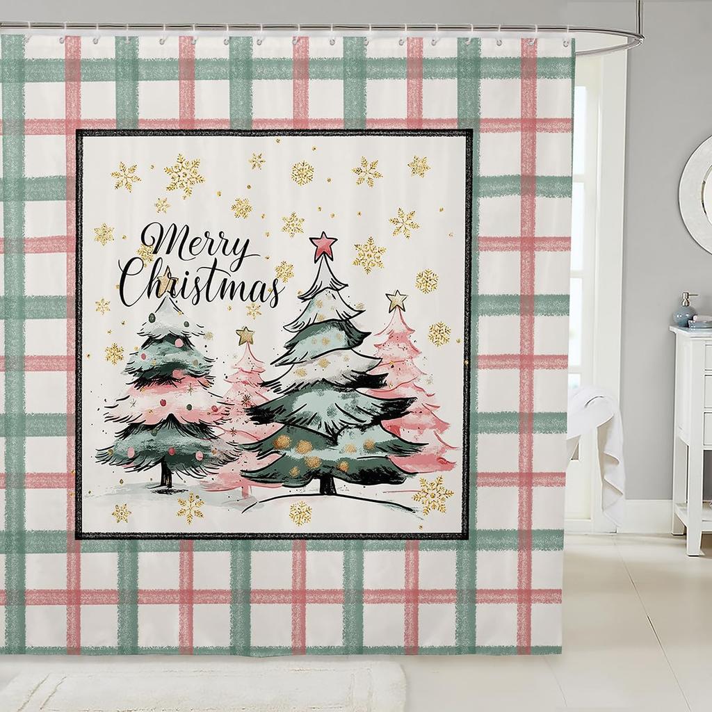 Christmas Cat Shower Curtain Cute Pet Cat Animal Bathroom Shower Curtain Sets, Xmas Decor Christmas Hat Fabric Shower Curtain