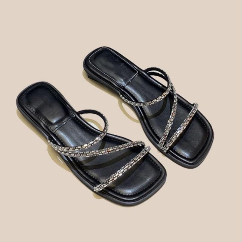 French low-heeled rhinestone outer wear small slippers female 2025 summer new fairy style with skirt fashionable and casual thick bottom