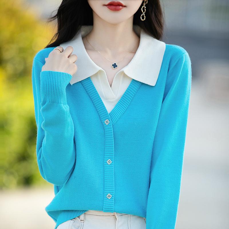 Autumn Tops Women's Fashion Shirt Sweater Women Loose Thin Lapel Knitted Bottom Shirt