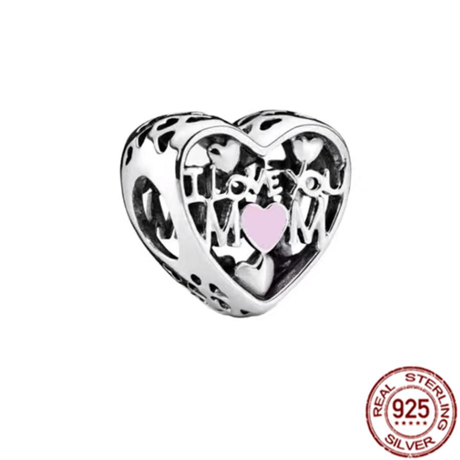 Fine S925 Sterling Silver Love You Mom Double Heart Split Dangle Charm Beads Fit Original  Bracelet DIY Women Jewelry Gift
