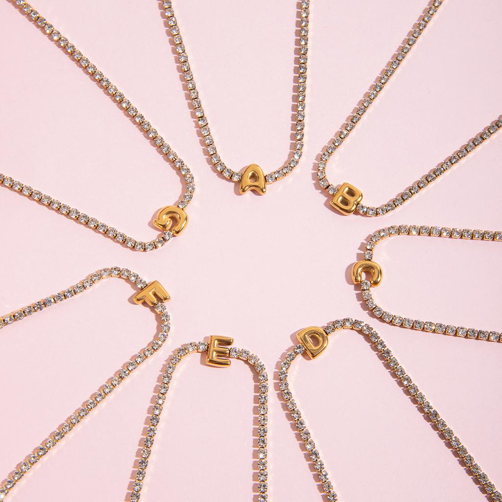 J&D 18K Gold Plate Stainless Steel Bracelet Trendy Classic Waterproof White Zircon Letter Chain Bracelet