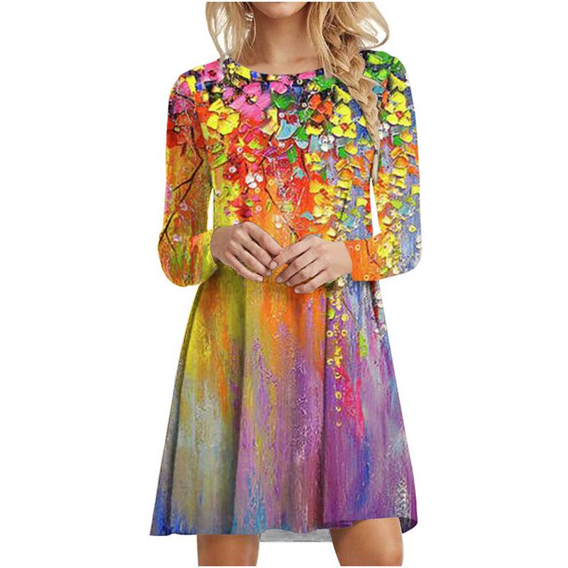 Tie Dye Gradient Print Dress Women Plant Flowers Long Sleeve Loose Dress Autumn Winter Casual Oversized Clothing Female Vestidos