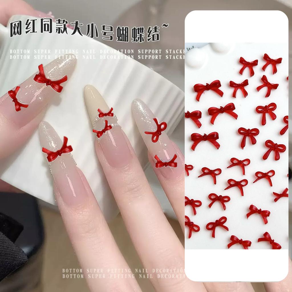 Burgundy Bowknot Internet Celebrity Hot-Selling Solid Color Mini Red 3D Hollow Bow Tie Cartoon Resin Nail Art Accessories