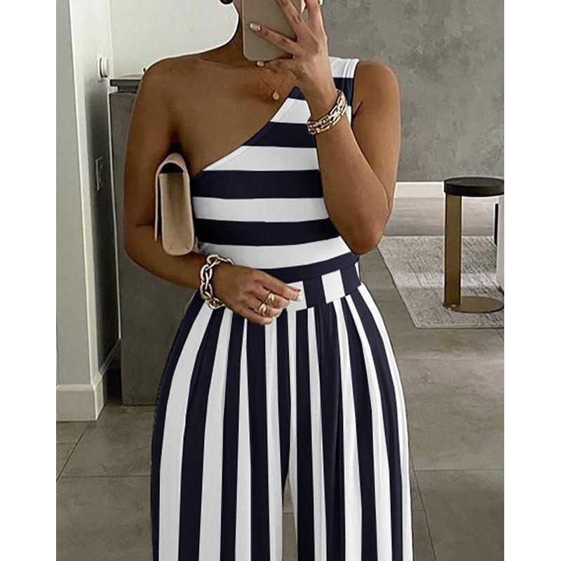 

Women One Shoulder Jumpsuit European and American New Women s Clothes Purplish Blue Stripes Casual Jumpsuit Tibetan Blue XL