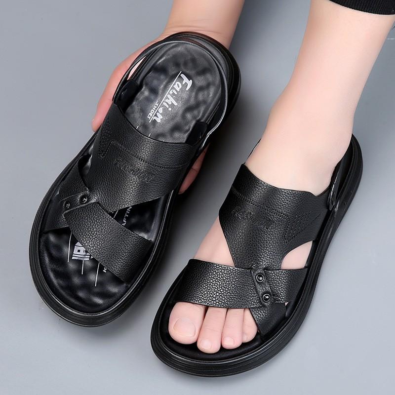 Mens Genuine Leather Slide Sandals Breathable TPR Sole Outdoor Casual Slip-On Footwear Beach
